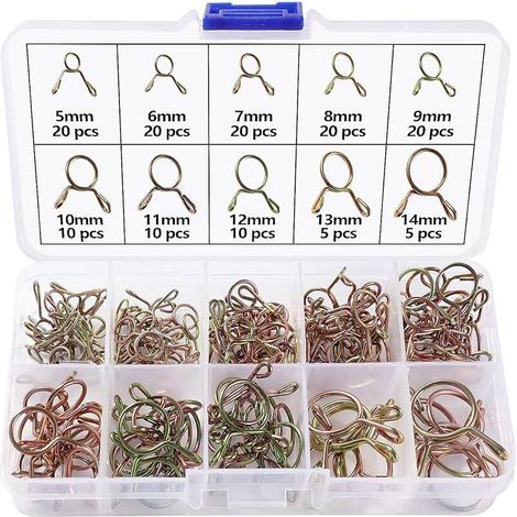140 Pièces 10 Tailles 5-14 mm Collier de Serrage de Ressort de Carburant à Unique Ligne Kit, Clip à Ressort Tuyau, Serrage Durite Essence Serre-joints à Tuyaux, Or (1/5)