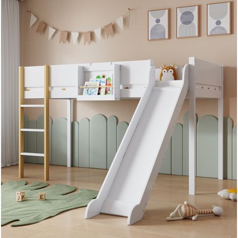 Lit mezzanine 90x200 cm blanc et naturel en pin et MDF avec toboggan, échelle et étagère amovible (1/5)