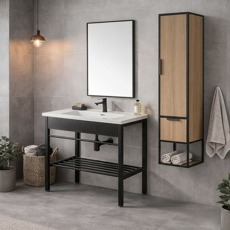 Mobile bagno a terra in metallo 80 cm nero opaco con specchio e pensile linea Borg (1/5)
