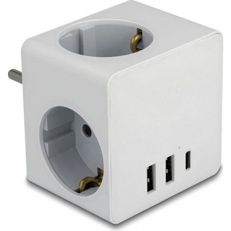 Delock Multi Enchufe CÃºbico de 3 tomas con bloqueo para niÃ±os y cargador USB blanco