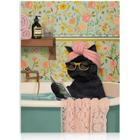 Décor Murale Chat Noir Drôle, Chat Mignon dans la Baignoire pour Salle de Bain Toilettes 30×40 cm Non Encadré (1/5)