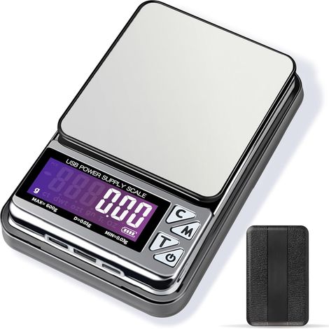 Balanza de precisión para joyería de 600 g x 0,01 g con 7 unidades y 3 puertos de carga, balanza digital portátil de bolsillo, adecuada para coleccionistas de monedas, joyeros y aficionados a las mone (1/5)