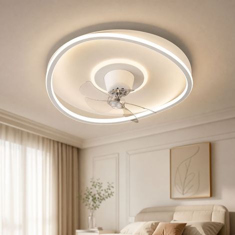 Ventilador de techo invisible con luz, 50 cm, motor de cobre silencioso, oscilación de 360°, mando a distancia, espectro completo, ideal para el dormitorio. (1/4)