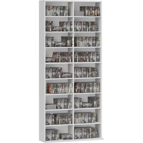 Étagère DVD et rangement CD, 14 étagères ajustables, 18 compartiments, hauteur 175 cm, rangement Blu-ray, panneau de particules couleur blanc