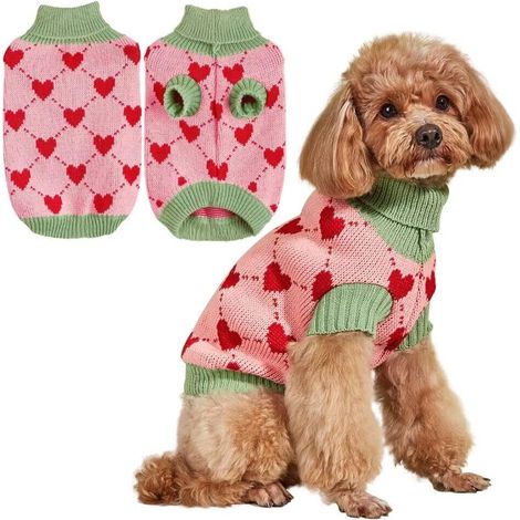 Pull en maille pour chien et chat motif cœurs roses et verts vêtement d'hiver chaud pour animaux de compagnie (1/3)