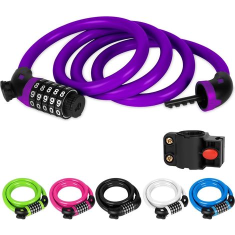 Antivol Vélo 120 cm x 12 mm, Cadenas de Velo, Violet avec Combinaison Réinitialisable à 5 Chiffres, avec Support de Montage, pour Vélo, Scooter électrique, Moto et Clôture (1/5)