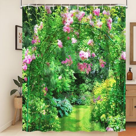 Rideau de Douche printanier Printemps Rideau de Salle de Bain Vert forêt enchantée coloré L'été Rideau de Douche Jardin de Fleurs Roses Tissu imperméable et Lavable en Machine 150x200cm (1/5)