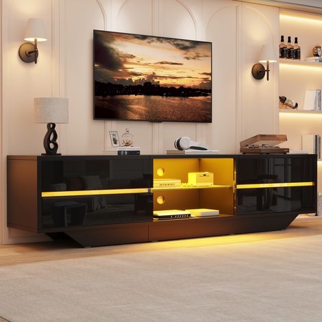 Modernluxe - Meuble TV laqué brillant 160x35x44,5 cm - Éclairage LED et 2 portes - Compatible TV jusqu'à 65 pouces - Noir