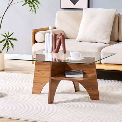 Table basse carrée 80x80 cm avec plateau en verre de sécurité et MDF effet bois, design moderne - noyer (1/5)