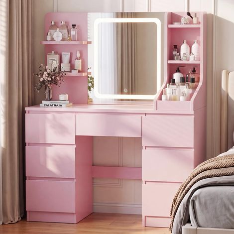 Grande Coiffeuse avec Miroir LED, Luminosité Réglable, Table de Maquillage avec 4 Étagères et 7 Tiroirs, Meuble pour Chambre Moderne (Rose) (1/5)