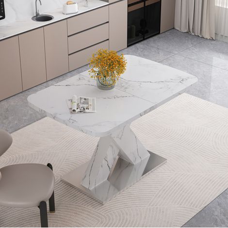Mesa extensible rectangular 120-160 cm, tablero efecto mármol blanco, MDF y acero HAVRYA (1/5)