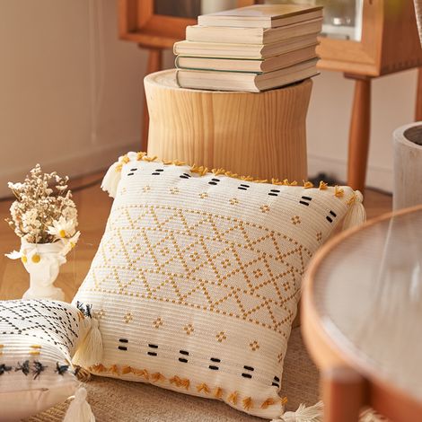Taie d'oreiller en coton tissé, 45x45 cm, pompon tissé en losange jaune, ne comprend pas le coussin de canapé (1/5)