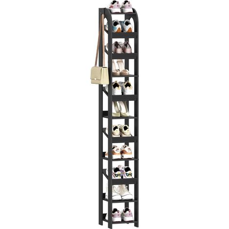 Étagère à Chaussures Verticale, 11 étages d'étagères à Chaussures étroites, Organisateur de Chaussures en Bois pour Armoire, Entrée, Autonome, Réglable, avec Crochets, Noir (1/5)