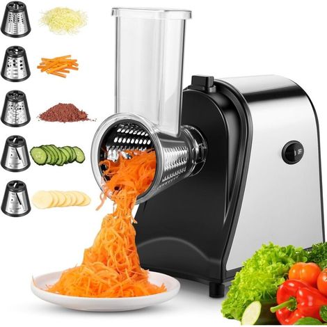 Coupe-Légumes Électrique en Acier Inoxydable, Râpe à Fromage Électrique 250W, Robot Multifonction avec 5 Lames pour Pommes de Terre, Carottes et Oignons (1/4)