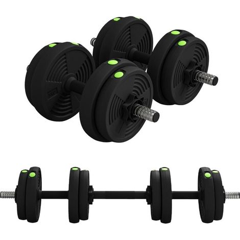 Haltères réglables 15 kg 2 en 1 avec poignées antidérapantes et barres noires et vertes pour un entraînement efficace à domicile (1/5)