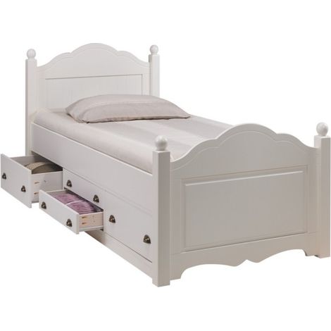 Beaux Meubles Pas Chers – Lit enfant blanc 90 x 190 cm – 4 tiroirs en pin massif et MDF – Rangement pratique – Montage facile à gauche ou droite (1/5)