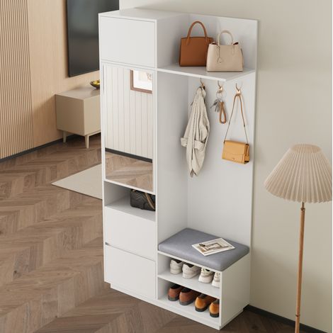 Kompaktgarderobe mit Spiegel, Schuhregal und Sitzbank (90 x 34.5 x 190 cm), mit Haken und Schubladen, MDF, Weiß (1/5)
