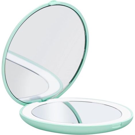 Miroir de maquillage LED vert, grossissement 1X/2X, lumière solaire 6500K, portable pour voyage (1/4)