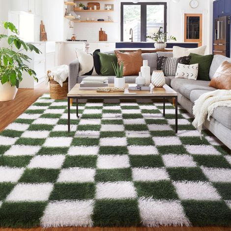 Tapis à carreaux pour chambre à coucher, 90 x 150 cm, vert olive et blanc, doux, décoration de salon, à poils longs, lavable, antidérapant, petit (1/5)