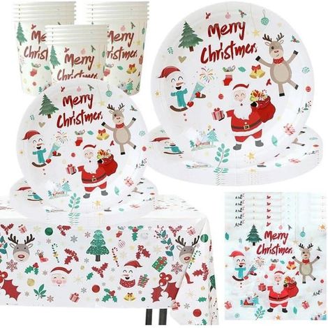 Vaisselle de Fête de Noël, 51 Décorations de Fête de Noël,Ensemble de Vaisselle de Assiettes de Vacances,Tasses,Serviettes,Nappes (1/4)
