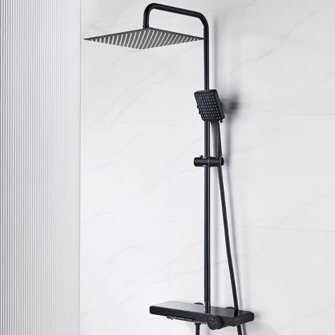 Auralum Max Thermostat Duschsystem Schwarz Matt mit Armatur - Regendusche 30x30 cm, 6 Strahlarten Handbrause, Duschsäule mit Duschablage & Wanneneinlauf, Höhenverstellbar (1/5)