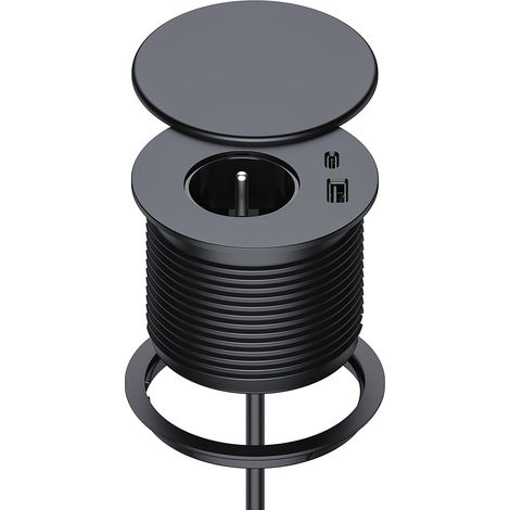 Bloc Prise Encastrable, Multiprise Encastrable avec 1 Prise, 1 Port USB C, 1 Port USB A, 80 mm de Diamètre, 1,5M de Câble, Prise Bureau pour la Cuisine, Le Bureau, Les Meubles, Noir