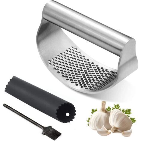 Edelstahl-Wipp-Knoblauchpresse – Knoblauchhacker-Werkzeug, tragbarer Knoblauchbrecher, Ingwerschneider, Knoblauchpresse, Schneider – Silikon-Knoblauchschälerrohr und Reinigungsbürste, Küchenhelfer, Kn (1/5)