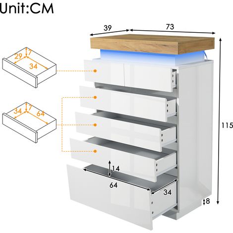 Commode blanche lumineuse avec 6 tiroirs, meuble multifonction pour salon ou chambre, éclairage LED pilotable via application, dimensions 115x73x39 cm
