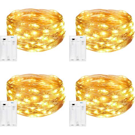 Lot de 4 guirlandes lumineuses 5 m 50 LED piles mini, blanc chaud, décoration intérieure chambre, Noël, mariage, soirée, maison, jardin, classe A+++ – DELKEVIC
