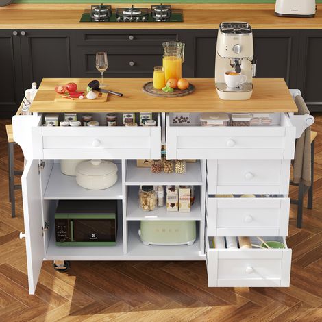 Isla de cocina móvil 134x46x92cm moderno cajones armarios diseño dual móvil fijo blanco (1/5)