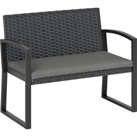 Banc de jardin 2 places, banc d'extérieur en résine tressée PE avec coussin, acier galvanisé, 103x58x78cm, gris et noir (1/5)