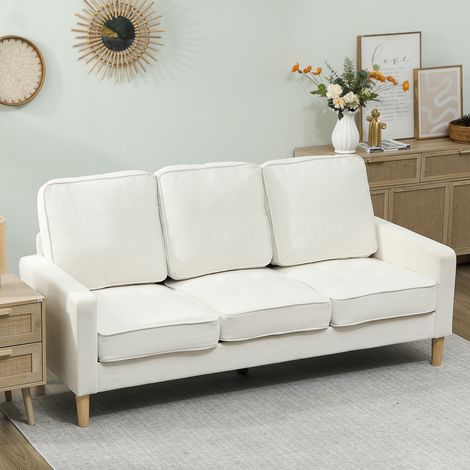 Canapé 3 places en velours, design moderne, coussins épais, pieds en bois d'hévéa, 185 x 79 x 82 cm, crème (1/5)