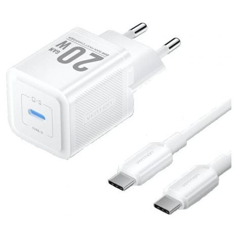 Cargador Gan de Pared Vention TZ-FEPW0-EU-01/ 1xUSB Tipo-C + Cable USB Tipo-C/ 20W
