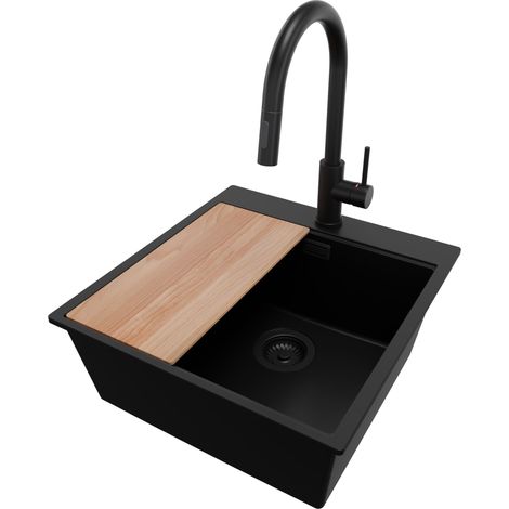 PRIMAGRAN Evier Cuisine en Granit 48x50cm, Lavabo 1 bac + Robinet 40x20cm + Kit de Vidage + Accessoire, Évier à Encastrer au meuble 50cm - Oslo, Tout Noir (1/5)
