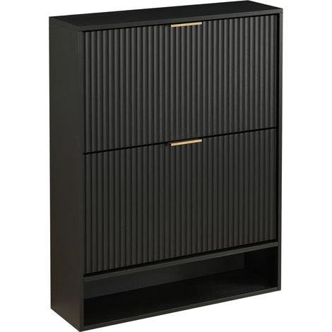 Zapatero estrecho negro 80 x 24 cm con 2 puertas abatibles y estante ajustable (1/5)