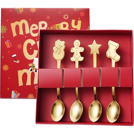 Lot de 4 cuillères de Noël en acier inoxydable doré, design pain d'épices étoile, cuillères à dessert/café, coffret cadeau de Noël (1/5)