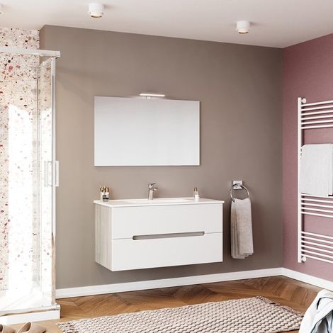 Meuble de salle de bain suspendu blanc gris lavabo miroir Iris 100 (1/3)