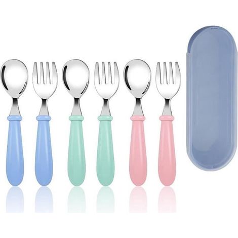 Couvert Enfants INOX,Set Couvert Bebe 3 x Fourchettes,3 x Cuillères, Couverts Bebe de Poignée Plastique Facile à transporter 3 boîte