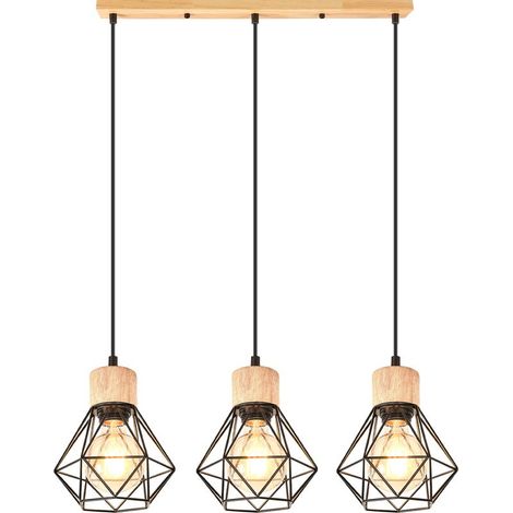 Lampe À Suspension Vintage Suspension Luminaire Rétro 3 Lumières Plafonnier D'Intérieur Moderne En Métal Et En Bois Noir (1/5)