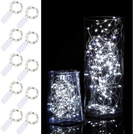 10 pièces 2m guirlande lumineuse 20 LED à piles cordon de fée lumière étanche fil de cuivre cordon étoilé pour bricolage fête de mariage décoration de Noël   (blanc froid)