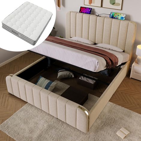 Lit capitonné double avec tête de lit rembourrée ornée de rayures décoratives dorées et fonction de chargement USB Type-C, 140200 cm, revêtement en lin beige, lit coffre hydraulique (1/5)