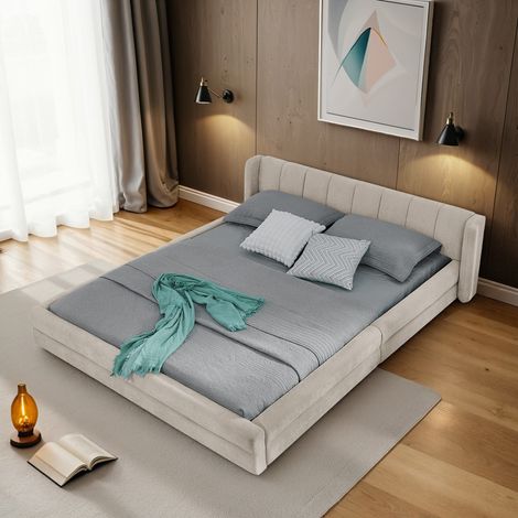 Lit double 140x200cm tissu chenille - Dossier confortable, cadre eucalyptus et fer robuste, facile à monter - Beige (sans matelas) (1/5)