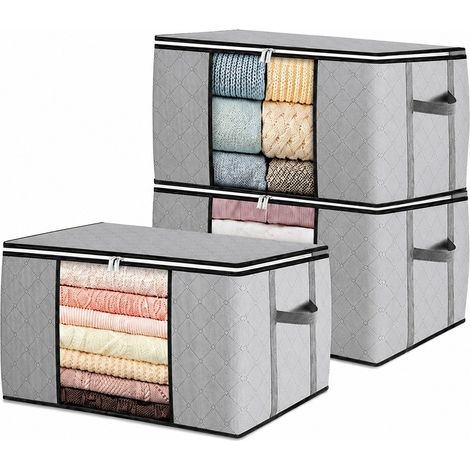 Sac de rangement pour couette, organisateur de vêtements en non-tissé, sac de déménagement, chambre, motif à carreaux gris clair, 3 x 90 L (1/4)