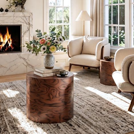 Lot de 2 tables basses rondes gigognes, tables d'appoint en forme de tronc, sans montage, style rustique, coloris brun moucheté (1/5)