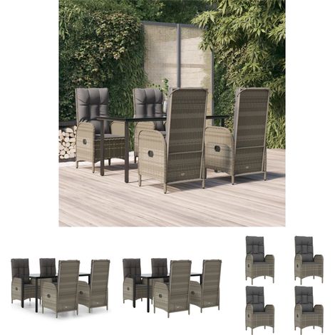 Gartenmöbel - vidaXL 5-tlg. Garten-Essgruppe mit Kissen Schwarz und Grau Poly Rattan - Liegestuhl (1/5)