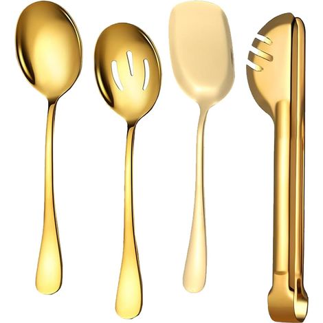 Lot de 4 grandes cuillères de service en acier inoxydable doré - Pinces de cuisine - Cuillères fendues - Pour buffet, fête de mariage, dîner (1/5)