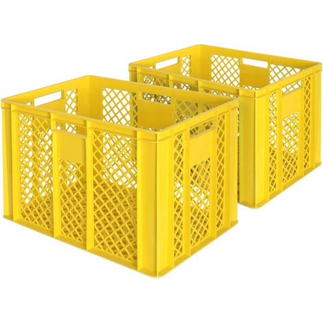 BRB 2x Eurobehälter/Bäckerkiste, LxBxH 600x400x410 mm, lebensmittelecht, Boden und Wände durchbrochen (gelb)