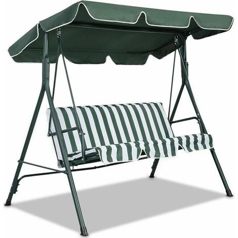 Juego de toldo de repuesto para silla columpio de patio, rayas verdes, 3 plazas, resistente a la intemperie, funda para toldo y funda para cojín 249x185cm/98x73 (1/5)