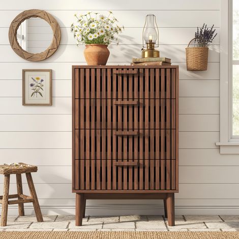 Sideboard aus Massivholz 60x34x91 cm, mit 4 Schubladen, Design mit vertikalen Streifen, Oberfläche aus natürlichem Nussbaumholz, ideal für Wohn- und Esszimmer