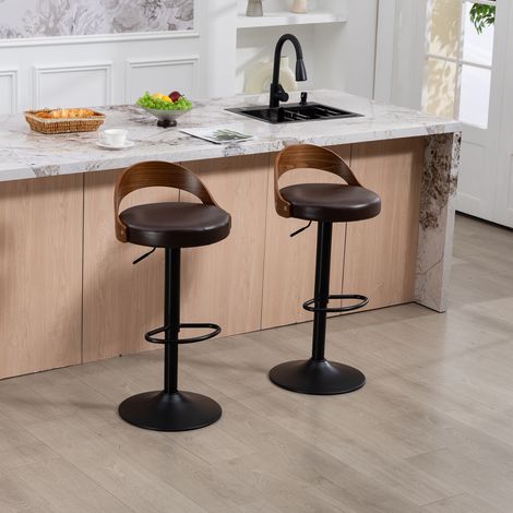 Set di 2 sgabelli da bar girevoli a 360° regolabili in altezza con schienale, seduta in PU marrone e struttura in metallo nero. (1/5)